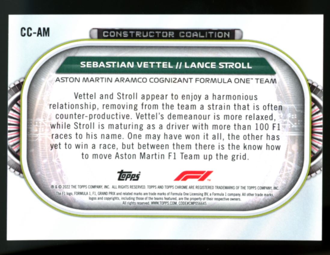 Sebastian Vettel/Lance Stroll Silver Refractor 2022 Topps Chrome Formula 1 Constructor Coalition Card # CC-AM