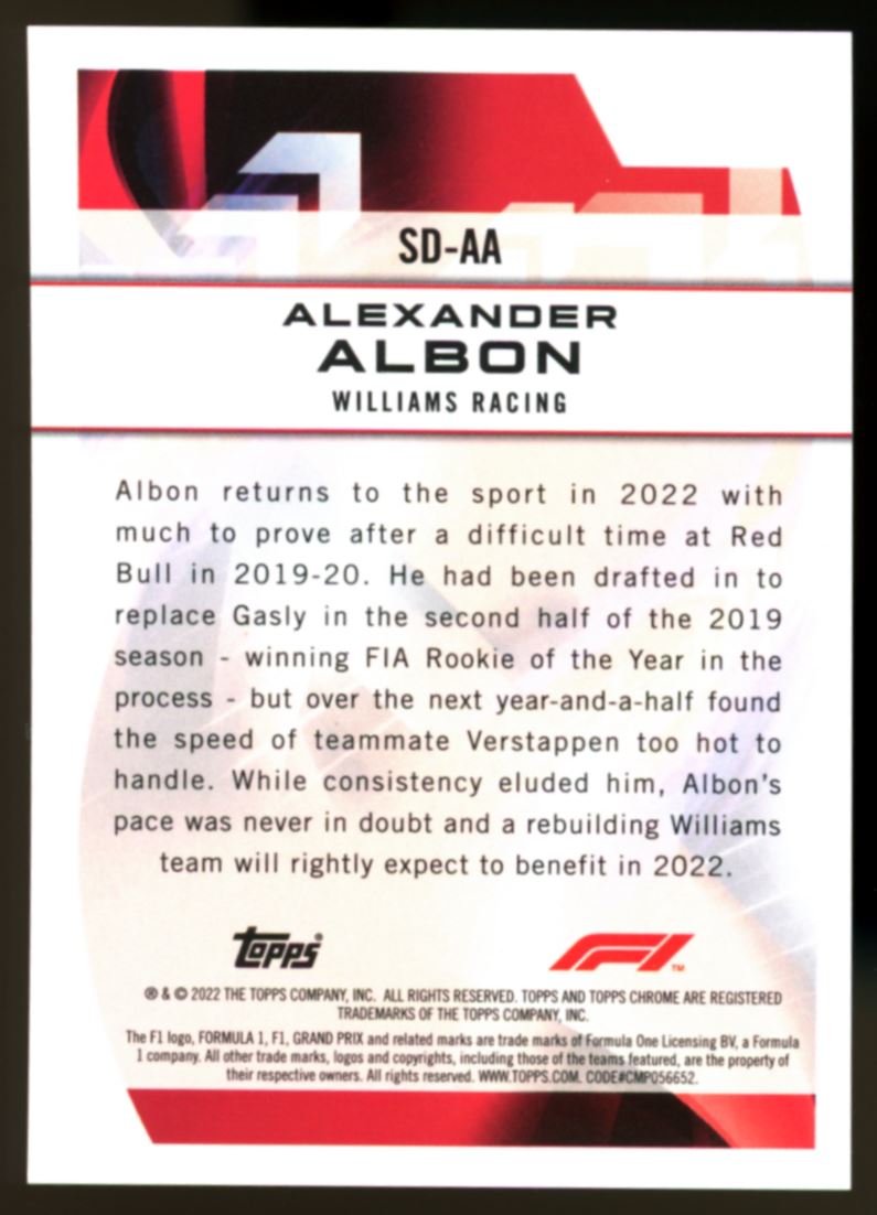 Alexander Albon Silver Refractor 2022 Topps Chrome Formula 1 Speed Demons Card # SD-AA