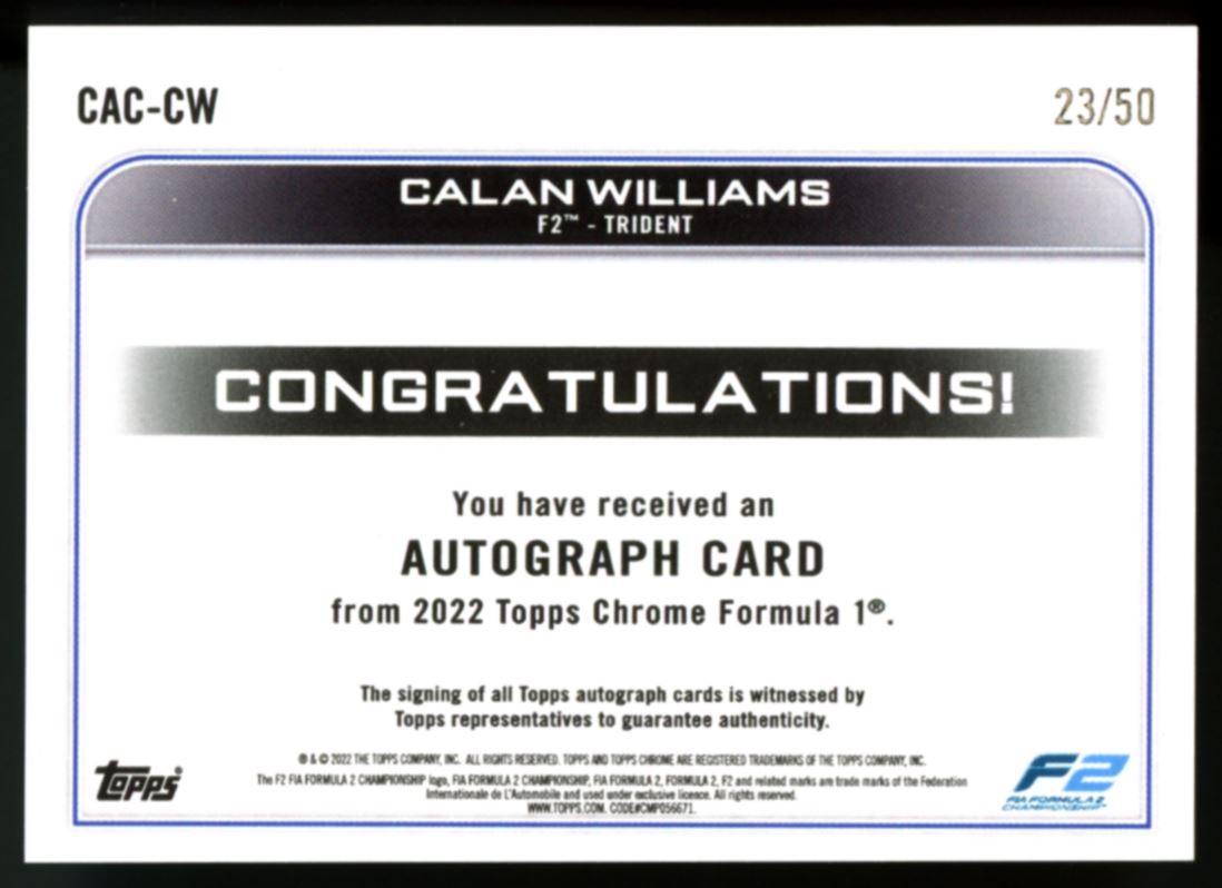 Calan Williams Gold Wave Refractor /50 2022 Topps Chrome Formula 1 Autograph Card # CAC-CW