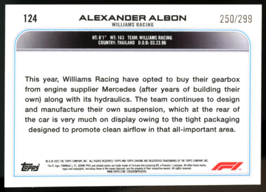 Alexander Albon Mini Diamond Refractor /299 2022 Topps Chrome Formula 1 Card # 124