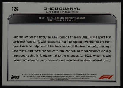 Zhou Guanyu 2022 Topps Chrome Sapphire Formula 1 Rookie Card # 126