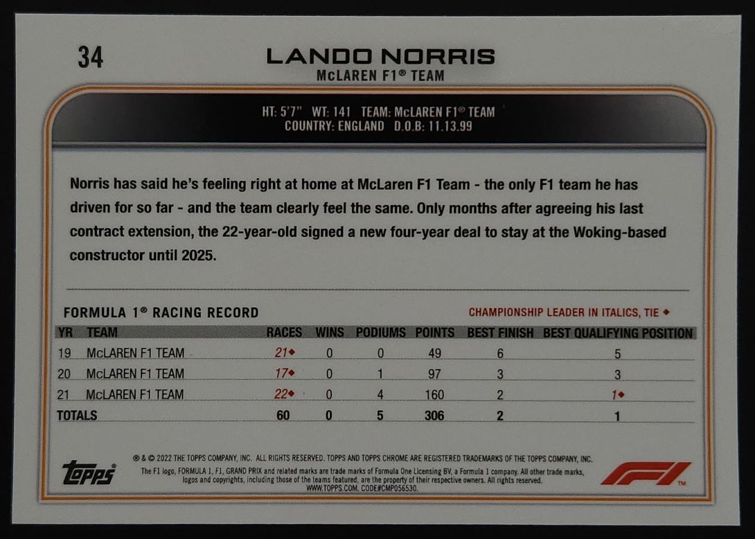 Lando Norris 2022 Topps Chrome Sapphire Formula 1 Card # 34