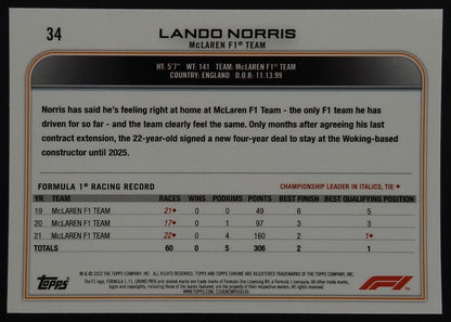 Lando Norris 2022 Topps Chrome Sapphire Formula 1 Card # 34