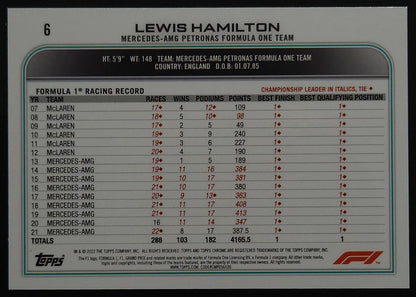 Lewis Hamilton 2022 Topps Chrome Sapphire Formula 1 Card # 6