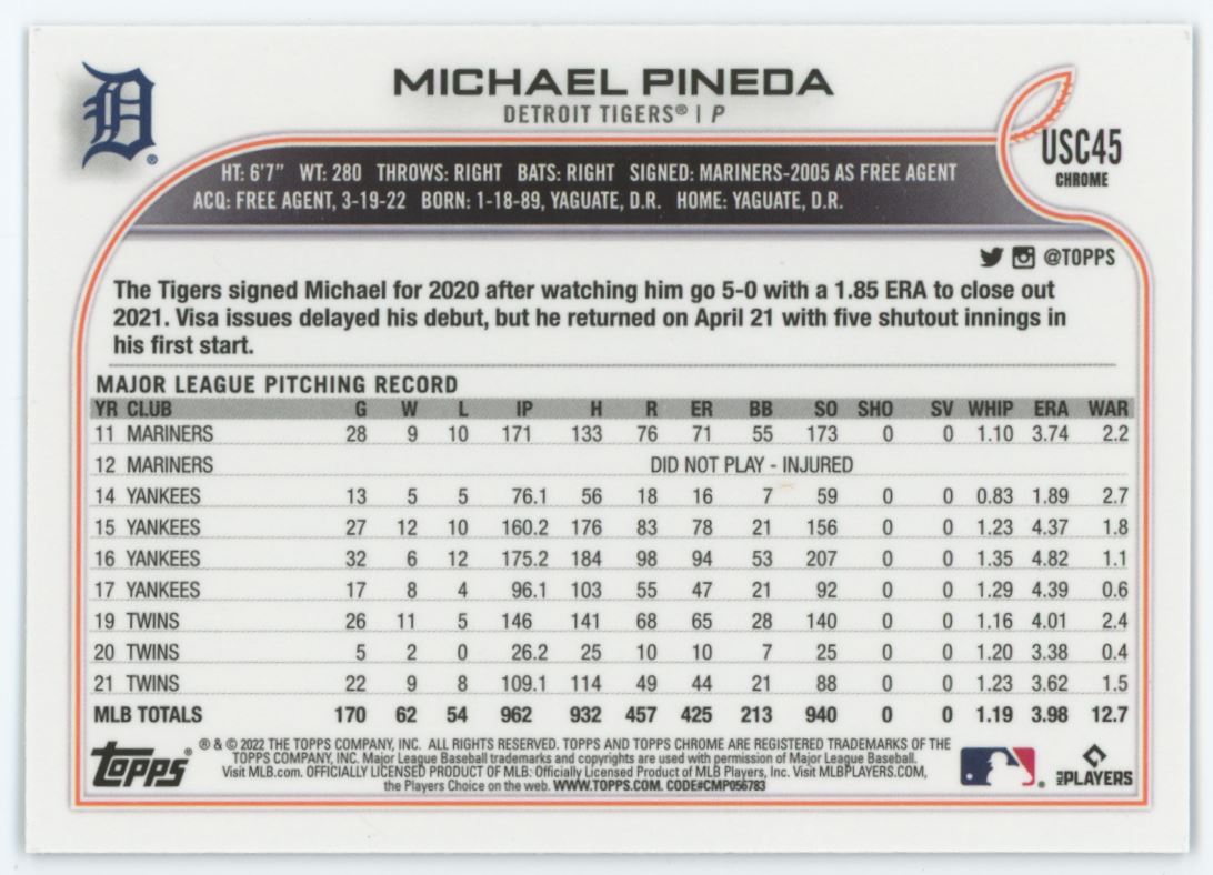 Michael Pineda Purple 2022 Topps Chrome Update Card # USC45