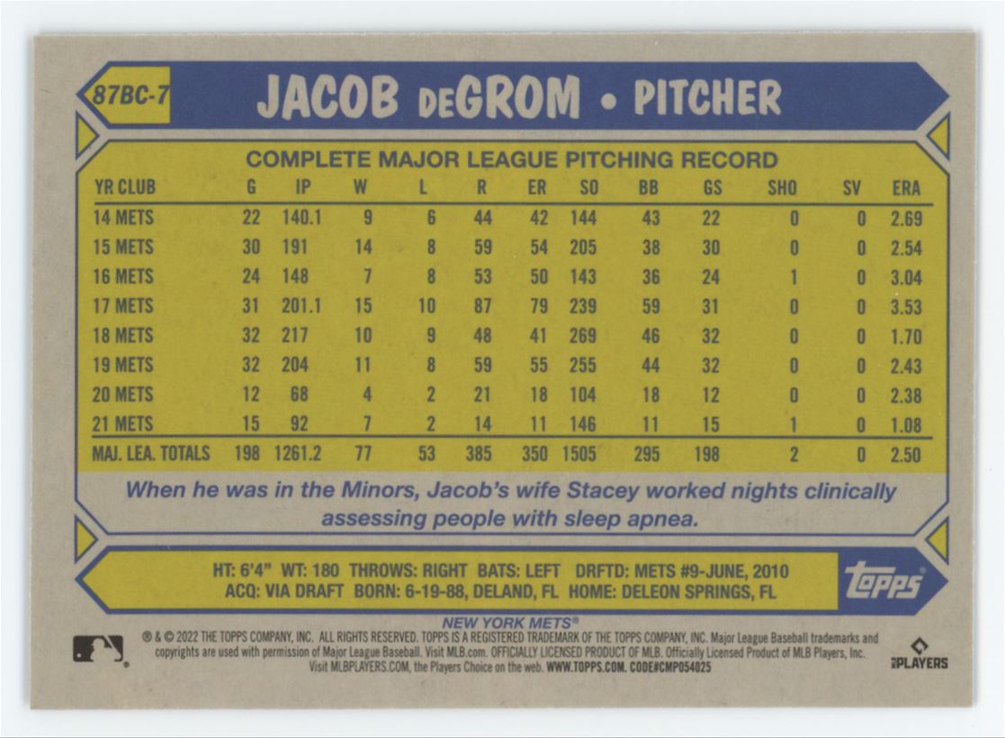 Jacob deGrom 2022 Topps Chrome Card # 87BC-7