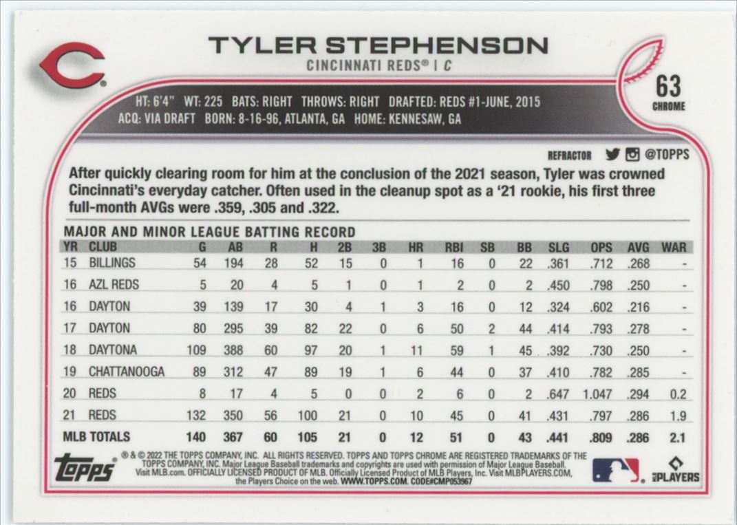 Tyler Stephenson Silver Refractor 2022 Topps Chrome Rookie Card # 63
