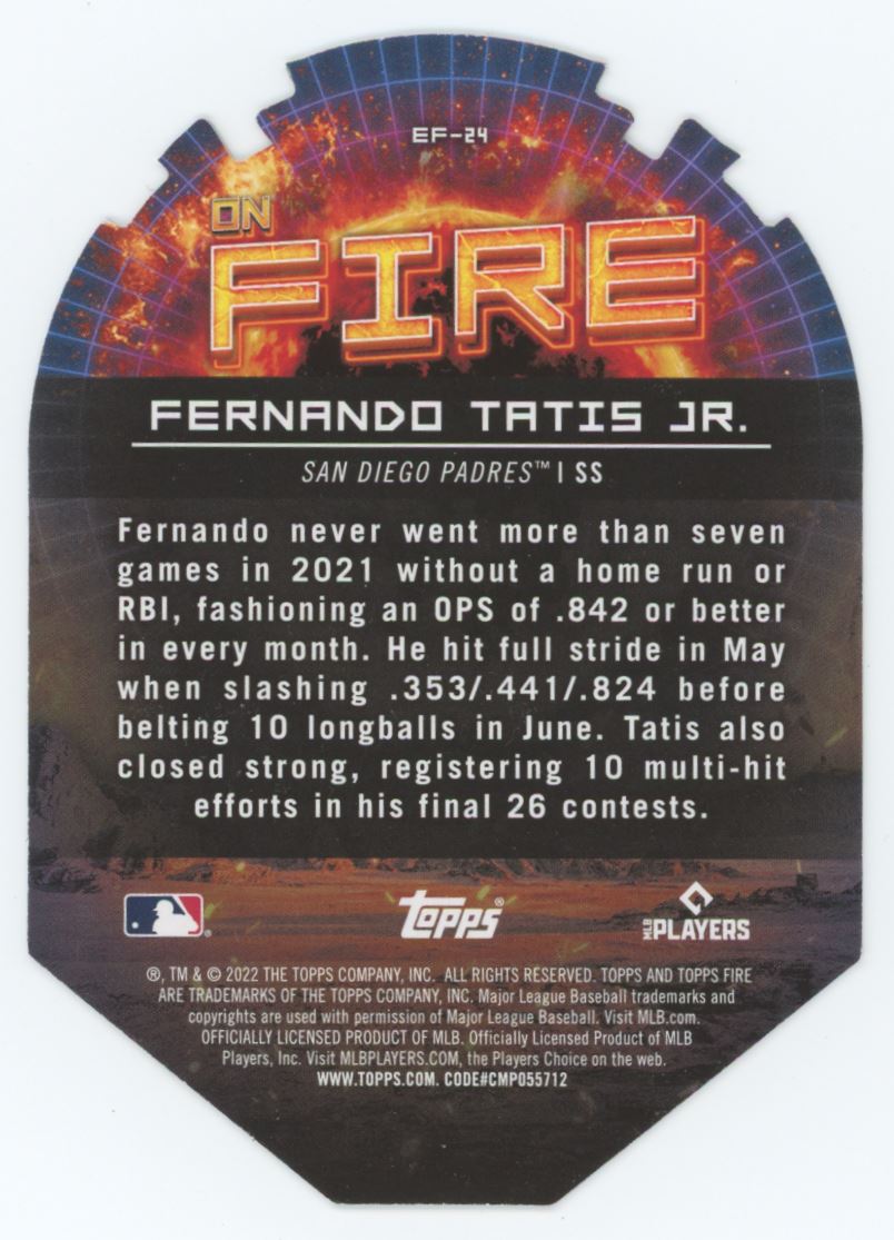 Fernando Tatis Jr. Gold Minted Die-Cut 2022 Topps Fire En Fuego Card # EF-24