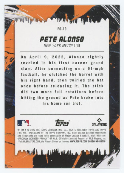 Pete Alonso Gold Minted 2022 Topps Fire Flippin' Out Card # FO-10