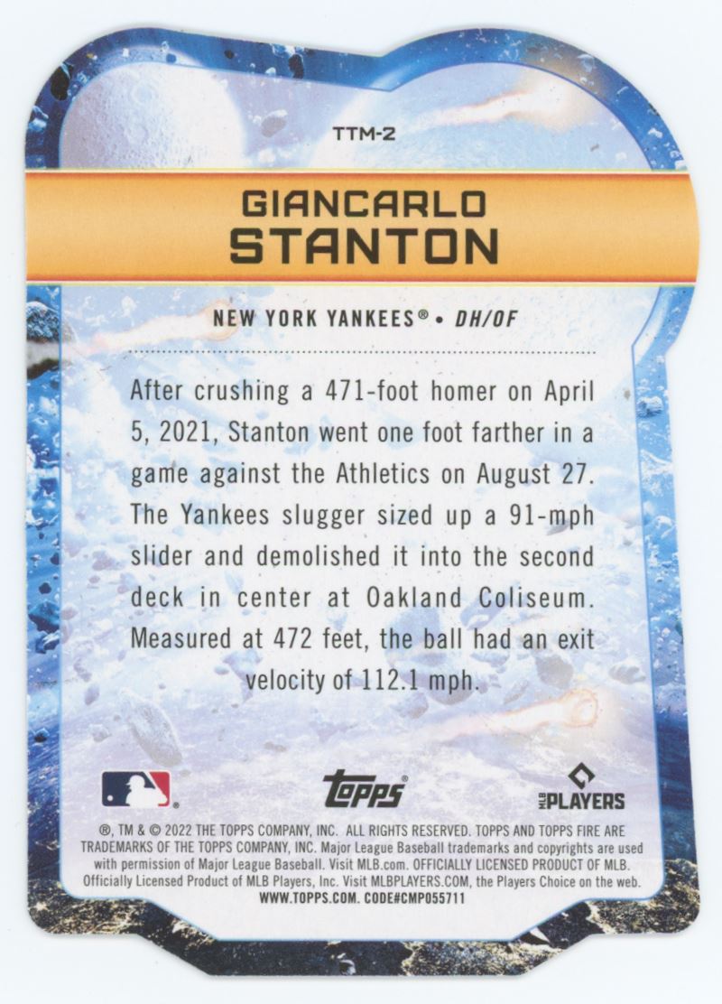 Giancarlo Stanton Gold Minted Die-Cut 2022 Topps Fire To The Moon Card # TTM-2
