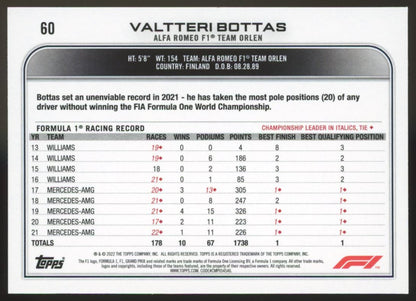 Valtteri Bottas 2022 Topps Formula 1 Checkered Flag Card # 60