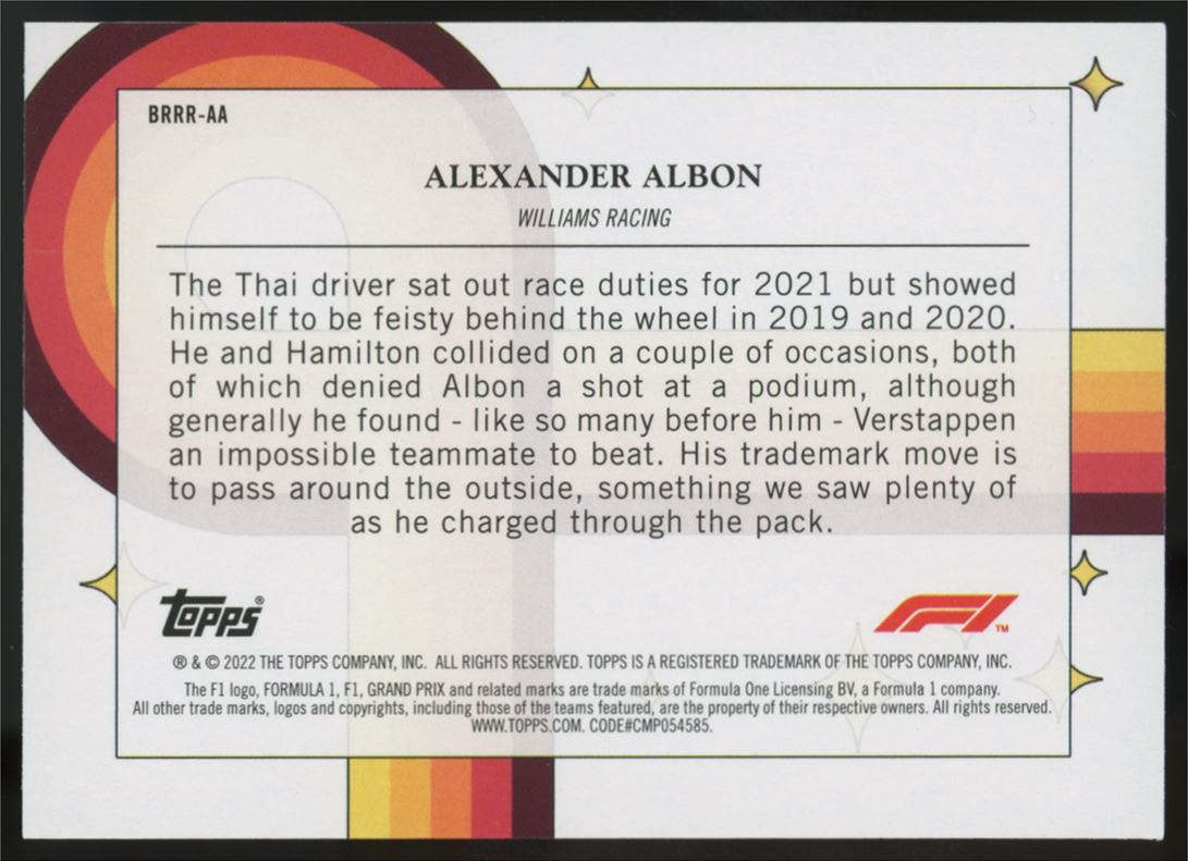 Alexander Albon 2022 Topps Formula One Card # BRRR-AA