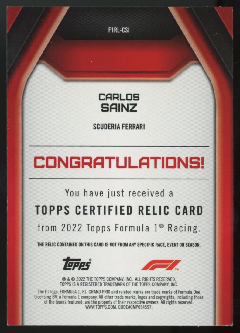Carlos Sainz 2022 Driver Worn Mem Topps Formula One Card # F1RL-CSI