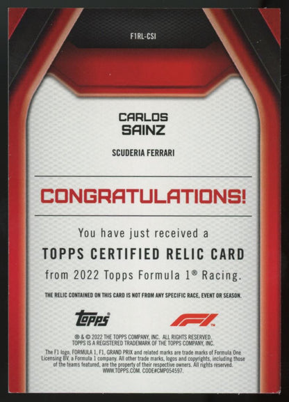 Carlos Sainz 2022 Driver Worn Mem Topps Formula One Card # F1RL-CSI