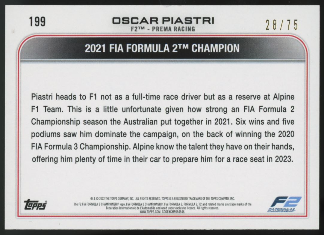 Oscar Piastri Green /75 2022 Topps Formula One Rookie Card # 199