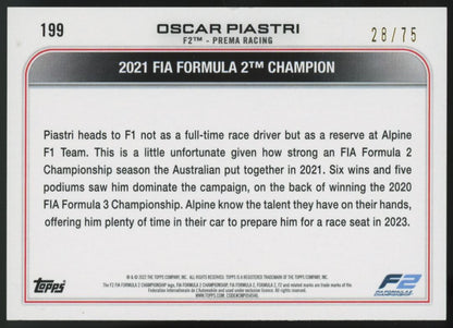 Oscar Piastri Green /75 2022 Topps Formula One Rookie Card # 199