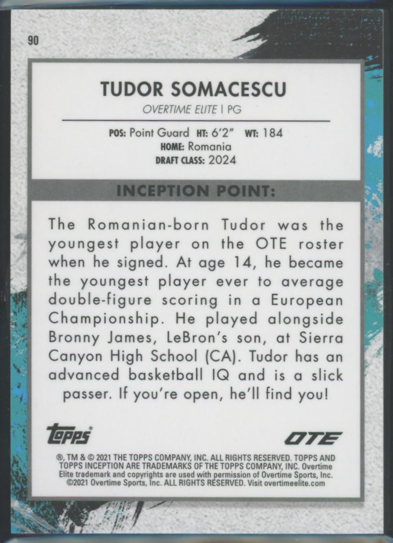 Tudor Somacescu 2022 Topps Now Overtime Elite Inception Rookie Card # 90