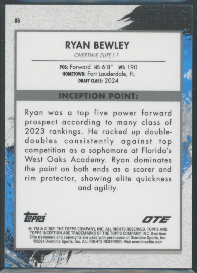 Ryan Bewley Teal 06/25 2022 Topps Now Overtime Elite Inception Rookie Card # 86